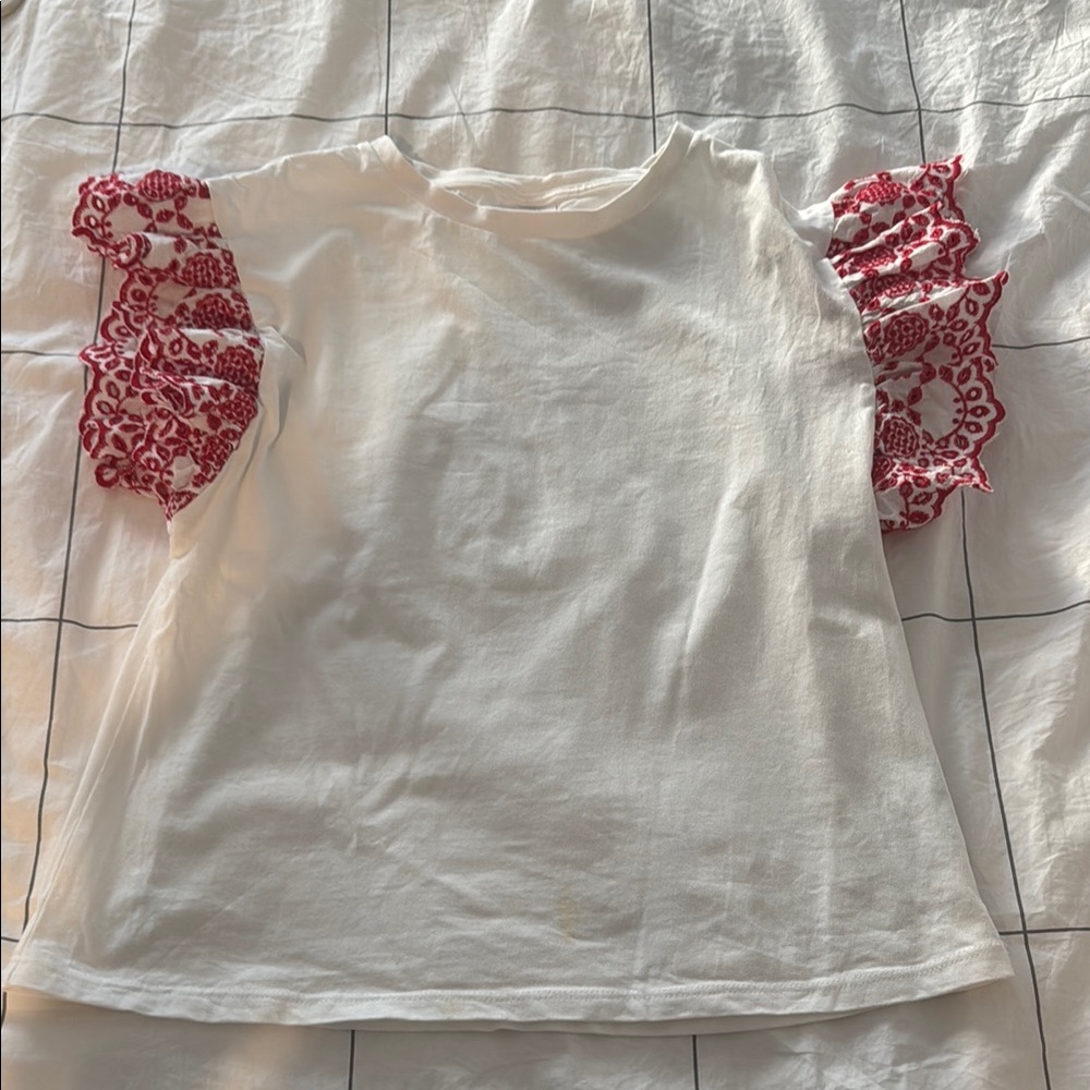 White Kids Top with Red Lace Sleeves